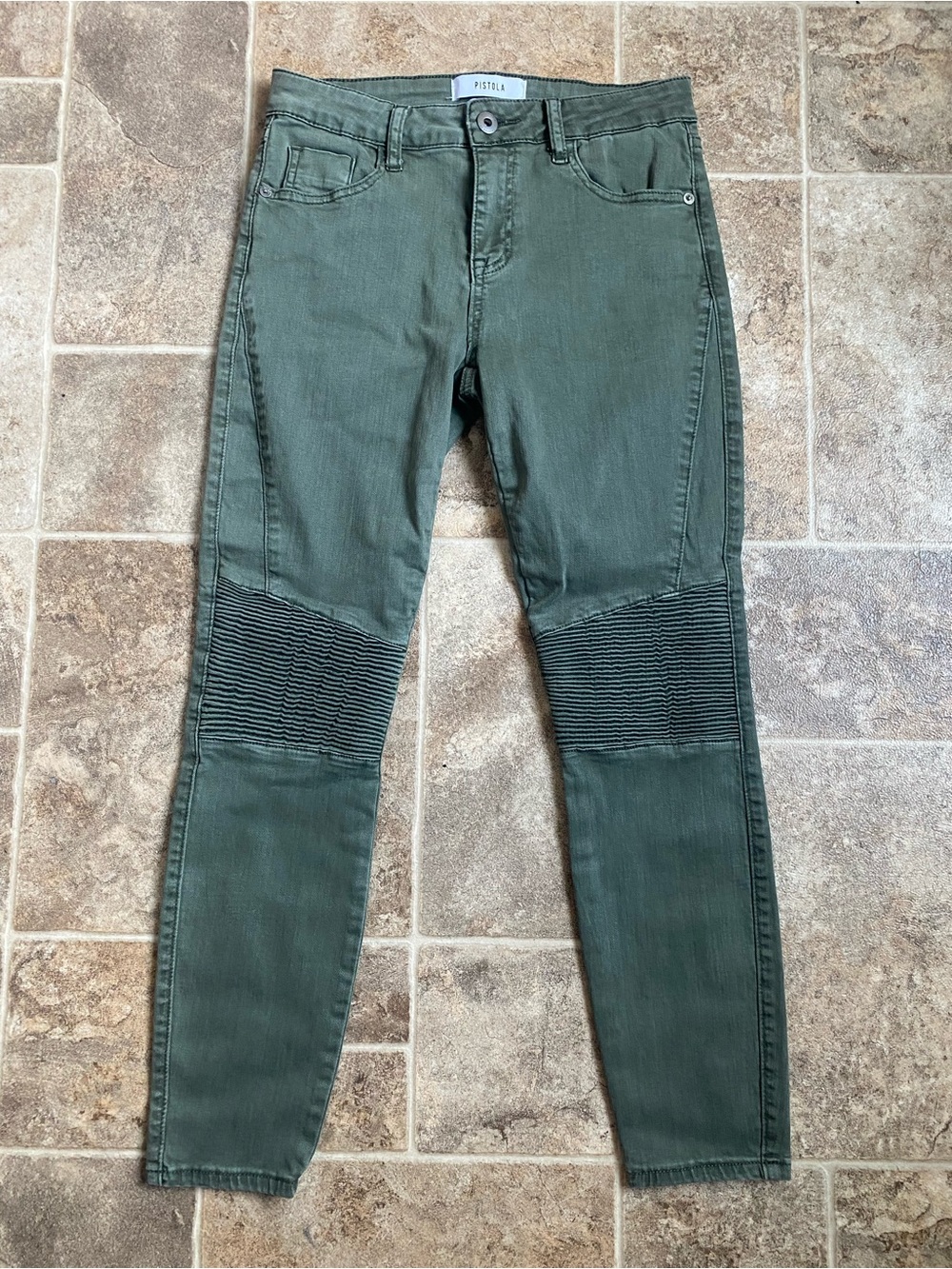 Pistola Moto Skinny Jeans Size 27 Olive Green Ribbed Knee Stretch Denim P6268P